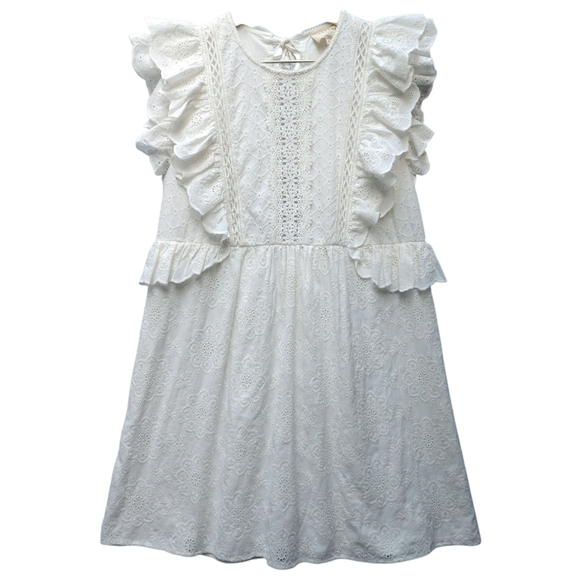 Sezane Chacha Embroidered Eyelet Lace Ruffle Mini Dress In Ecru - Picture 3 of 13